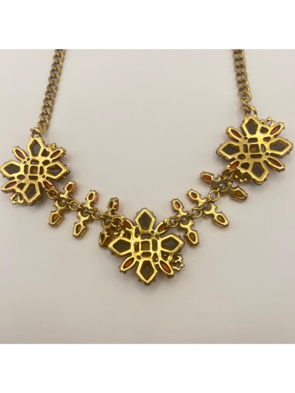J Crew Statement Necklace Orange Black Yellow Floral Design 15+3" Gold Tone - Picture 7 of 11
